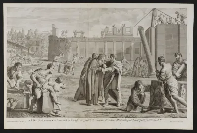 Saint Bartholomew of Grottaferrata supervising the building of a church; an accident is avoided when a falling column is stayed on the order of one of his disciples