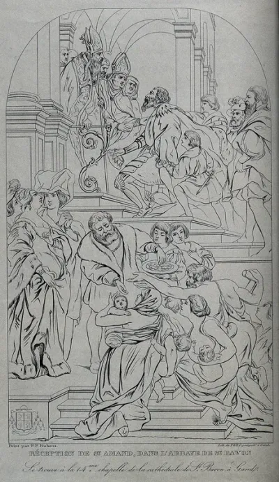 Saint Bavo as Roman soldier is received as a Christian monk by Saint Amand and Saint Floribert at the entrance to St Peter's Abbey, Ghent; left, his money is given to the poor