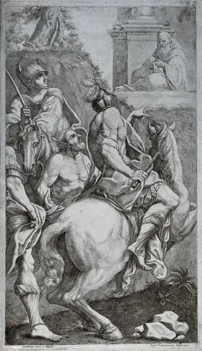 Saint Benedict: a poor peasant, enslaved by Zalla, a Goth brigand, is brought before the saint, who frees him from his restraints