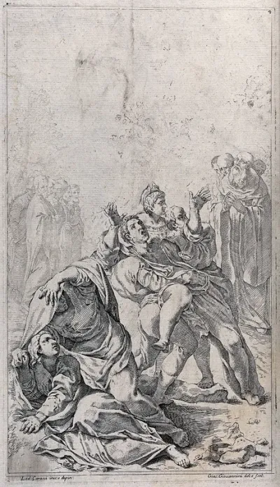 Saint Benedict exorcising through prayer a man possessed by demons