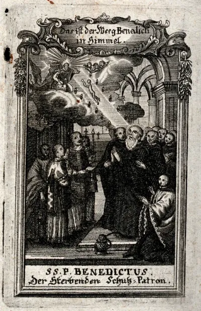 Saint Benedict: his soul ascending to heaven as a sign of his patronage of the dying