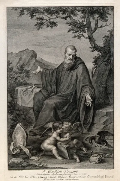 Saint Benedict of Nursia: while he lives as a hermit in a cave near Subiaco, a raven protects him from poisoned bread (represented by a snake emerging from a loaf)