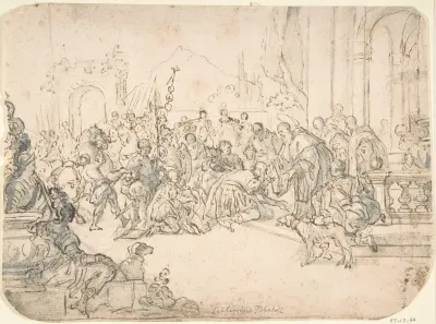 Saint Benedict Receiving a Warrior (recto); Sketch of Crowded Narrative Scene (verso)
