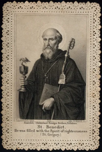 Saint Benedict. Steel engraving. By A. Schleich after J. Schraudolph