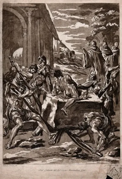Saint Benedict threatening away the devil who blocks a stone for the building of the monastery of Montecassino