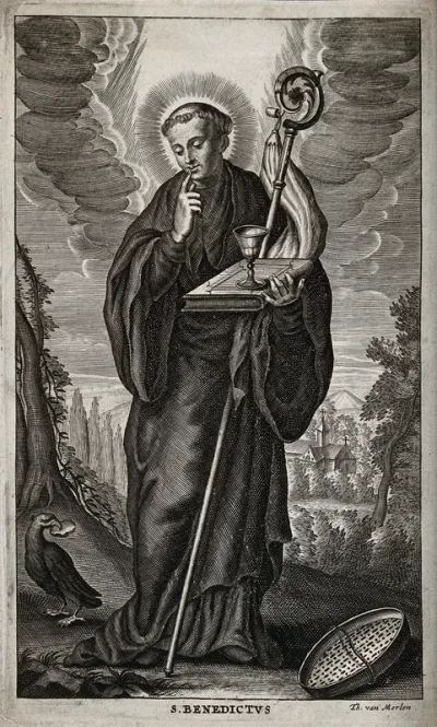 Saint Benedict: while he lives as a hermit in a cave near Subiaco, a raven protects him from poisoned bread