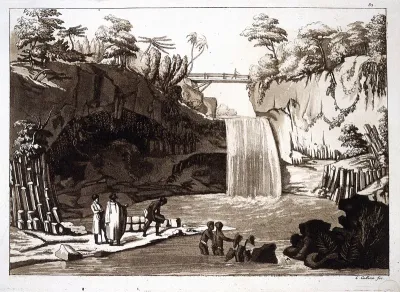 Saint-Benoît, La Réunion, Indian Ocean: a waterfall in the Rivière des Roches, seen from the lowest of three water levels