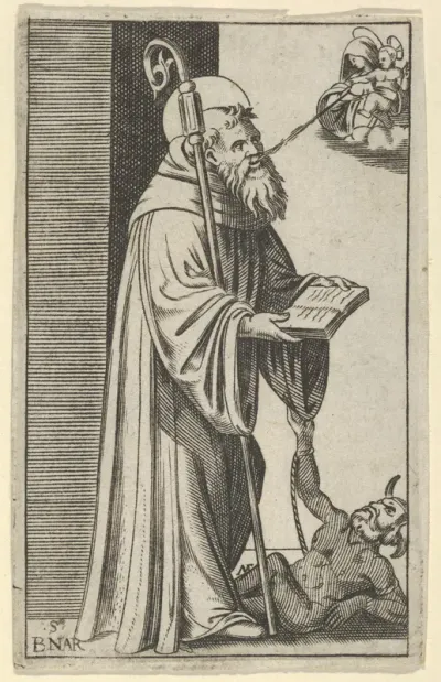 Saint Bernard standing holding an open book, a chained dragon at the lower right, from "Piccoli Santi" (Small Saints)