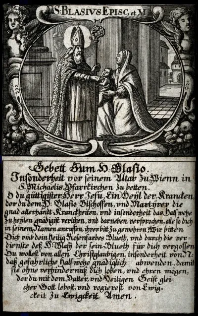 Saint Blaise blessing a baby with a dangerous throat disease (such as diphtheria)