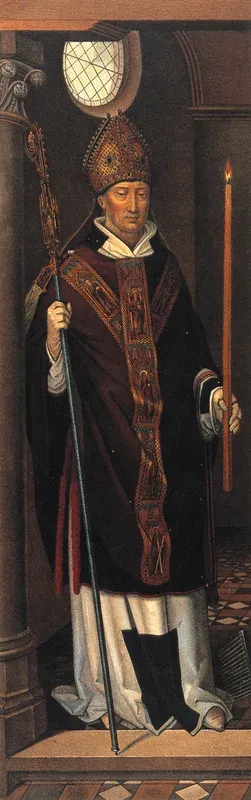 Saint Blaise. Colour lithograph by C. Schultz after H. Memlinc