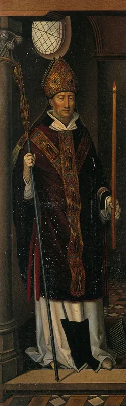 Saint Blaise. Colour lithograph by C. Schultz after H. Memling