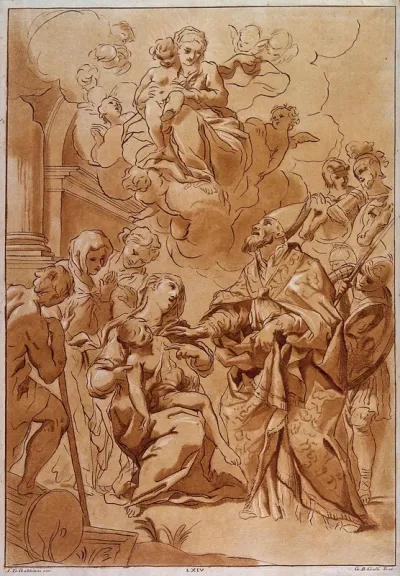 Saint Blaise. Coloured etching by G.B. Galli after A.D. Gabbiani