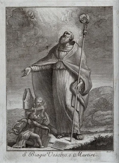Saint Blaise. Line engraving by B. Eredi