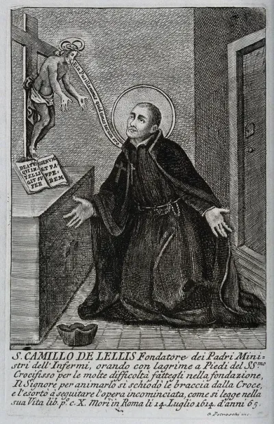 Saint Camillus de Lellis praying before an altar