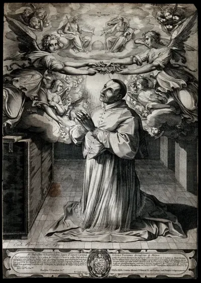 Saint Carlo Borromeo: angels crown him with the approval of the Holy Trinity