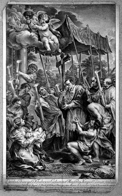 Saint Carlo Borromeo, with a rope around his neck, carrying a cross through the plague-ridden streets of Milan in 1576
