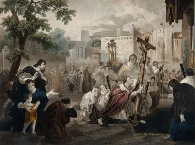 Saint Carlo Borromeo: with a rope around his neck, he kneels before the Cross in the plague-ridden streets of Milan in 1576