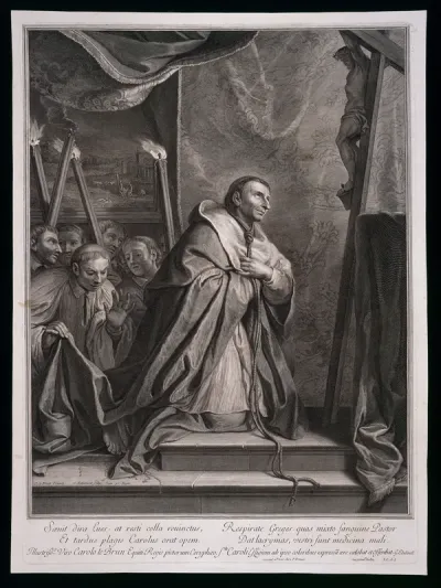 Saint Carlo Borromeo, with a rope around his neck, weeps blood while praying for the departure of plague from Milan in 1576