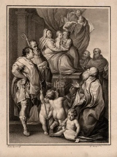 Saint Catherine of Alexandria embraces the Christ child who sits on the Virgin Mary's lap; with Saint Dominic, Saint Francis of Assisi, Saint Benedict (?), Saint Peter Martyr and Saint Petronius