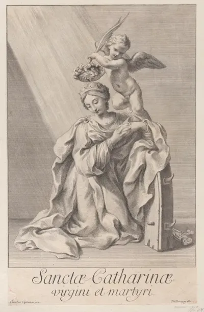 Saint Catherine of Alexandria, kneeling with her elbow resting on the spiked wheel, and an angel crowning her with a flower wreath