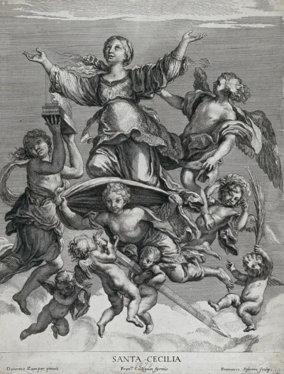 Saint Cecilia. Engraving by F. Spierre after D. Zampieri, il Domenichino
