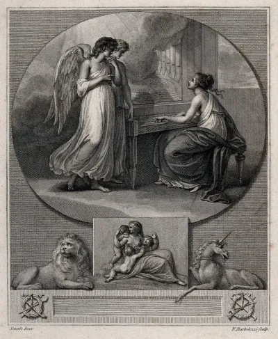 Saint Cecilia. Line engraving by F. Bartolozzi after R. Smirke