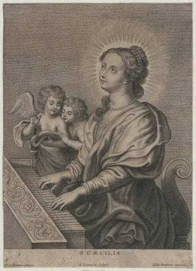 Saint Cecilia playing the organ with two putti at left