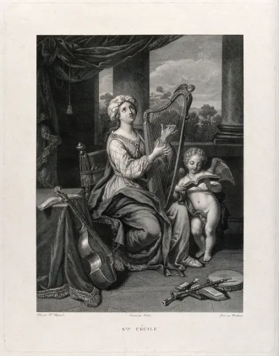 Saint Cecilia: she plays the harp, while an angel sings