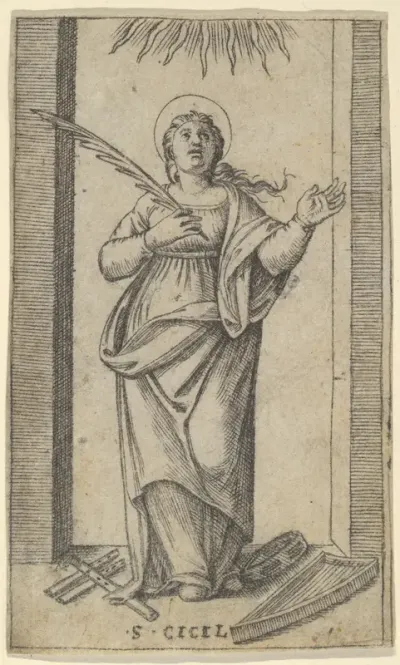 Saint Cecilia standing holding a palm of martyrdom in her right hand, from "Piccoli Santi" (Small Saints)