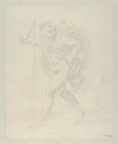 Saint Christopher walking with the infant Christ on his left shoulder
