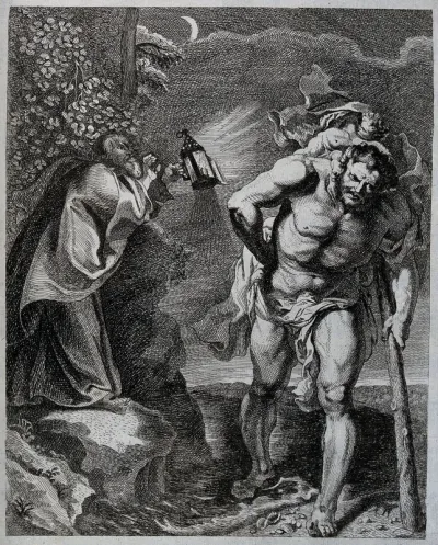 Saint Christopher: watched by a hermit, he carries the Christ Child across a river