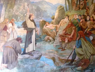 Saint Columba converting King Brude of the Picts to Christianity