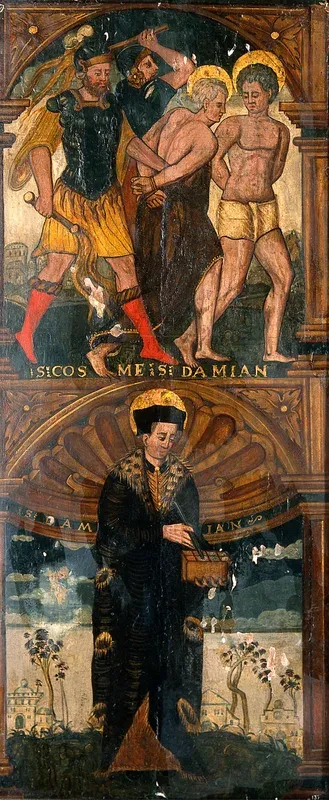 Saint Cosmas and Saint Damian being taken to martyrdom (above) and Saint Damian (below)