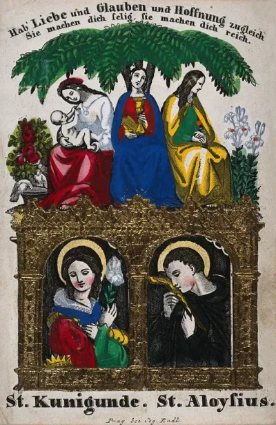 Saint Cunegunda and Saint Aloysius Gonzaga; above them the figures of Charity, Faith and Hope sitting under a tree