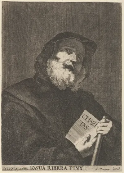 Saint dressed in a hooded cloak, holding book with the inscription "CHARITAS" from a portfolio of reproductions of the Imperial Gallery of Paintings in Vienna; plate 41 of the series