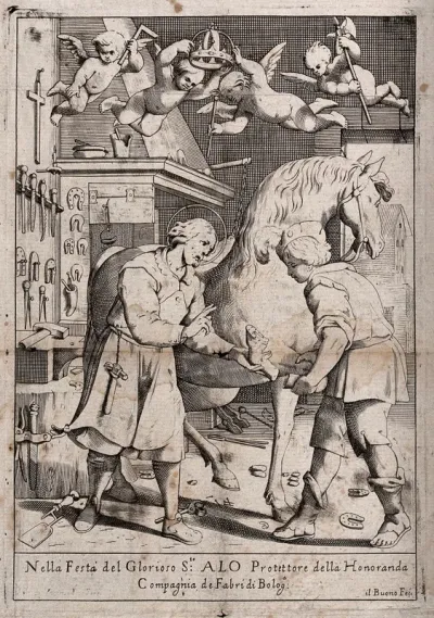 Saint Eligius: he reshoes the hoof of a horse by amputating the hock, shoeing the hoof, and reattaching the limb
