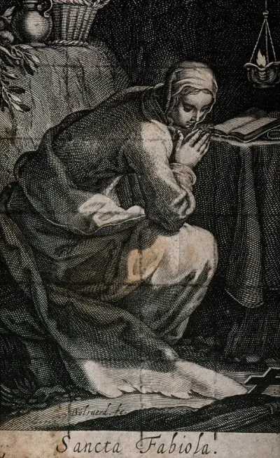 Saint Fabiola, praying, looking at a cross