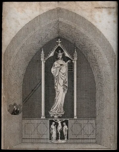 Saint Faith, holding a gridiron, being addressed in prayer by a monk; the Crucifixion below