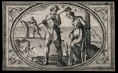 Saint Felicula tied to a pole and burnt, and later being drowned