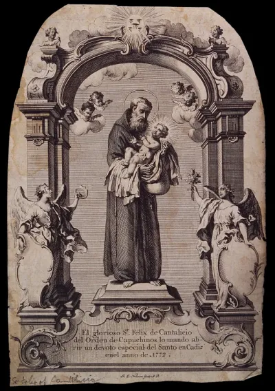 Saint Felix of Cantalice, holding the infant Christ, under a canopy, surrounded by angels