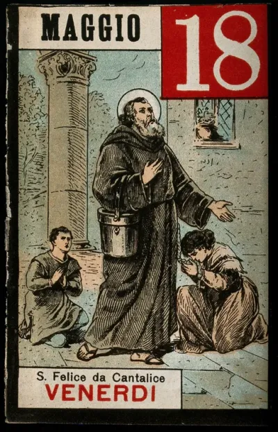 Saint Felix of Cantalice, wearing the Capuchin dress, two children praying at his feet