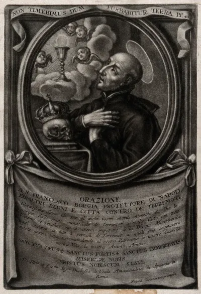 Saint Francis Borgia interceding against earthquakes; cherubim and the Eucharist above