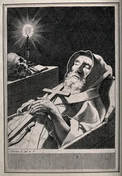 Saint Francis de Paul lying in state; a candle, skull and book next to him