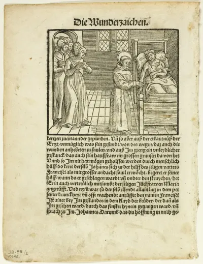Saint Francis Heals the Grievous Wounds of One John at Lerida, plate two from Woodcuts from Books of the XVI Century