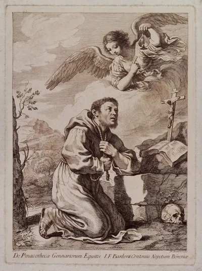 Saint Francis kneeling in front of a crucifix; an angel in the sky