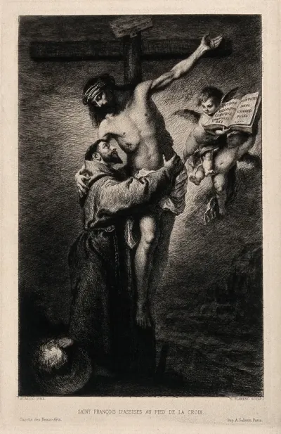Saint Francis of Assisi embracing Christ on the cross