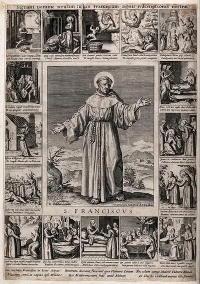 Saint Francis of Assisi: episodes in his life; centre, Saint Francis standing on Mount Alvernia