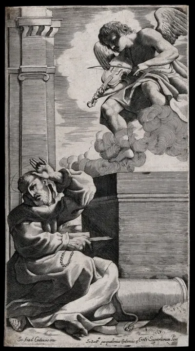 Saint Francis of Assisi gesturing away from an angel playing the violin