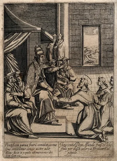 Saint Francis of Assisi given permission by Pope Innocent III to preach to the people
