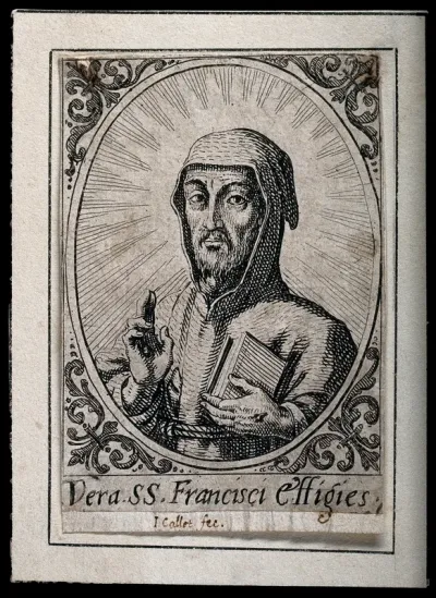 Saint Francis of Assisi, head and shoulders; wearing a Franciscan robe, giving his blessing
